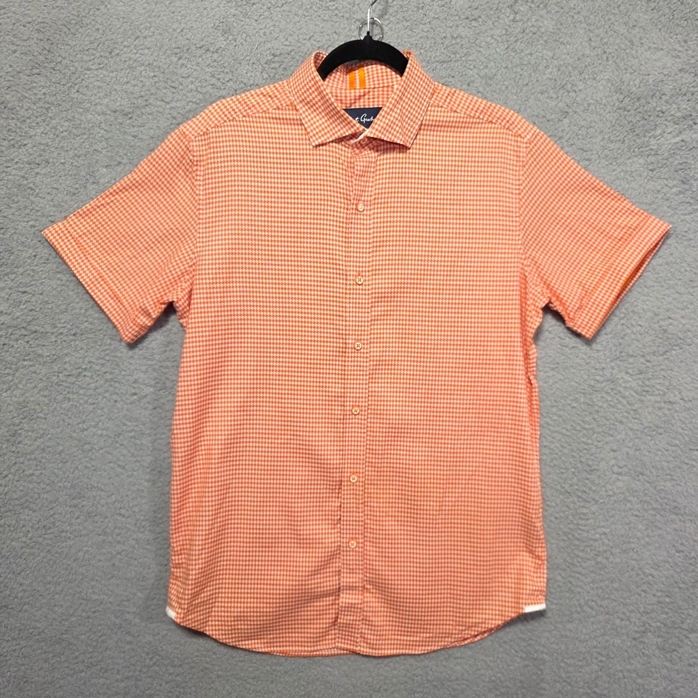 Robert Graham Men's Button Up‎ Orange White Houndstooth Short Sleeve Large